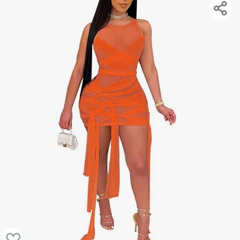 NWT Do‎ My Self orange sheer mesh wrap bodycon mini dress